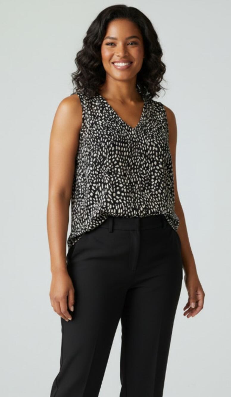 ANNE KLEIN TOP WOMENS LARGE PRINTED V-NECK CAREER TANK BLOUSE NAVY MULTI NEW
